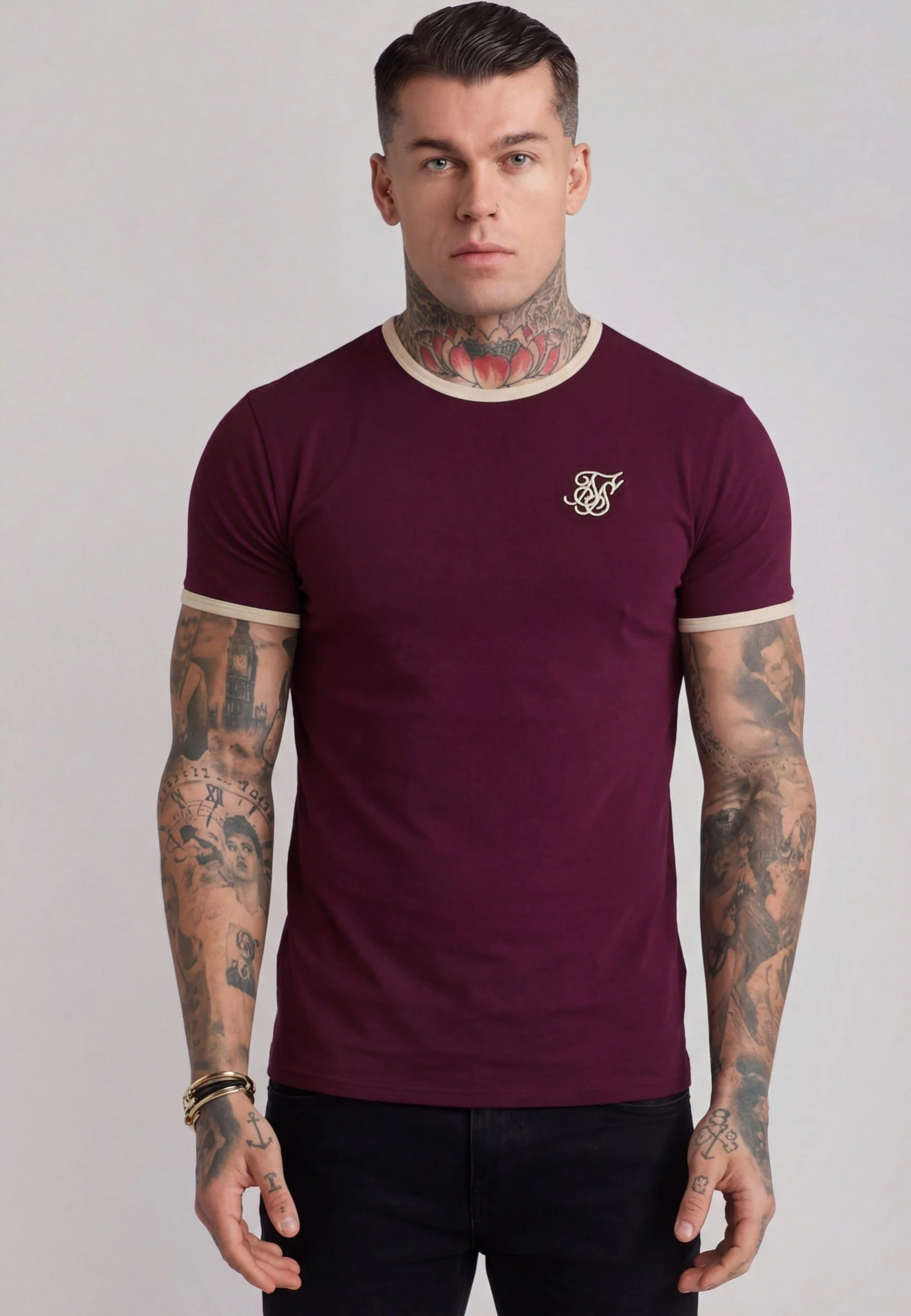 Burgundy and Ecru Ringer T-Shirt