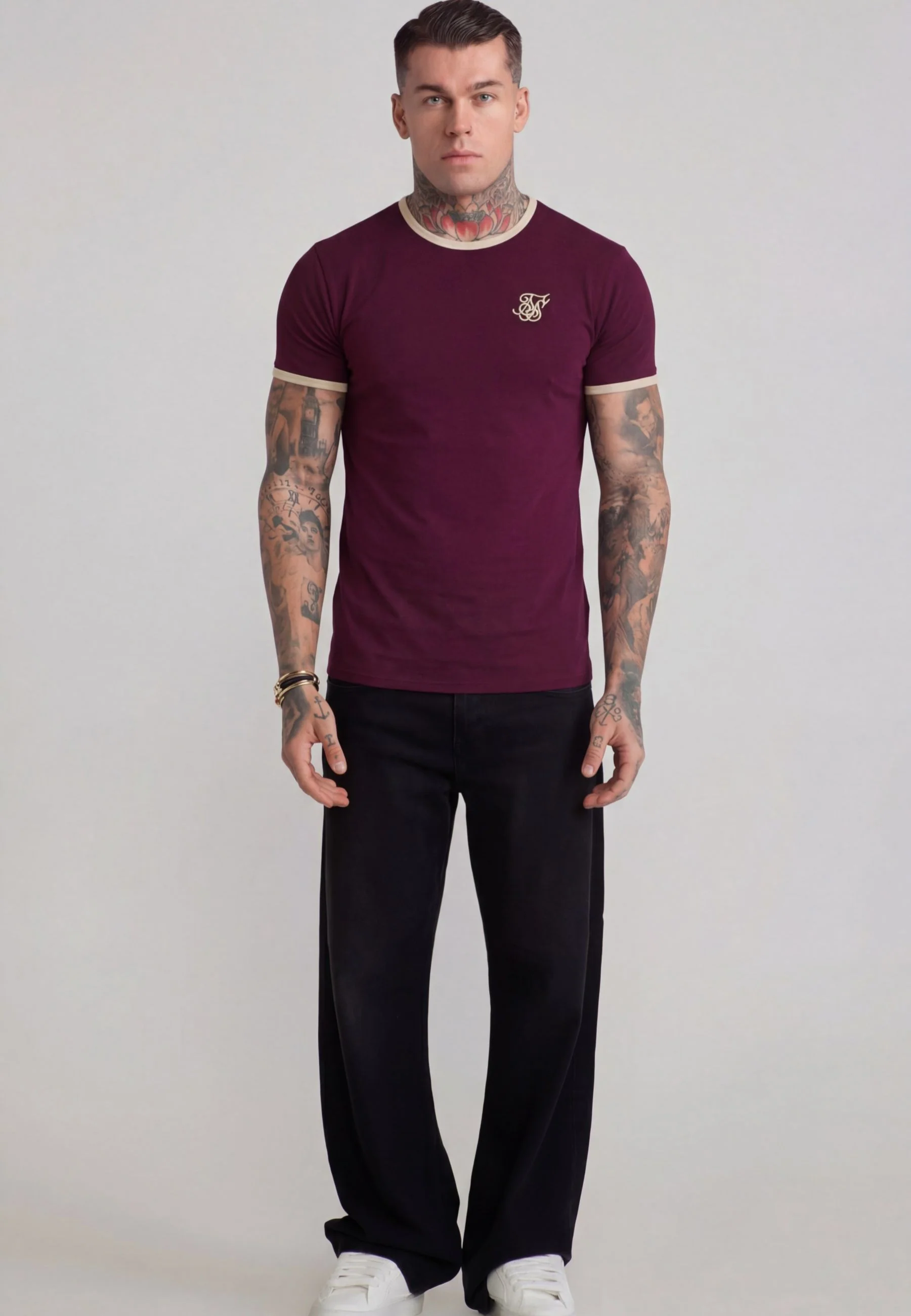 Burgundy and Ecru Ringer T-Shirt - Image 3