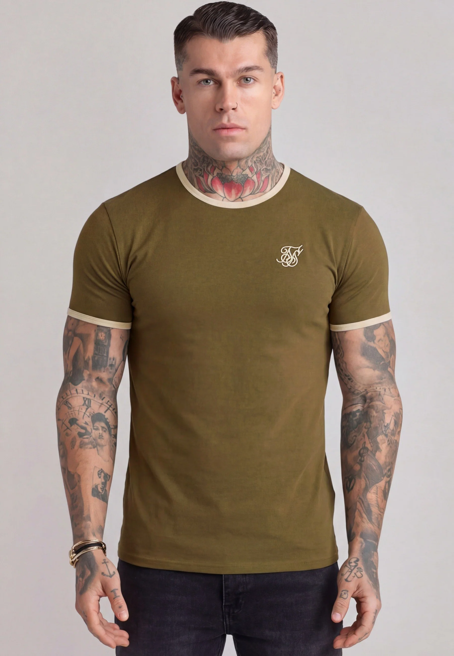 Khaki Green and Ecru Ringer T-Shirt