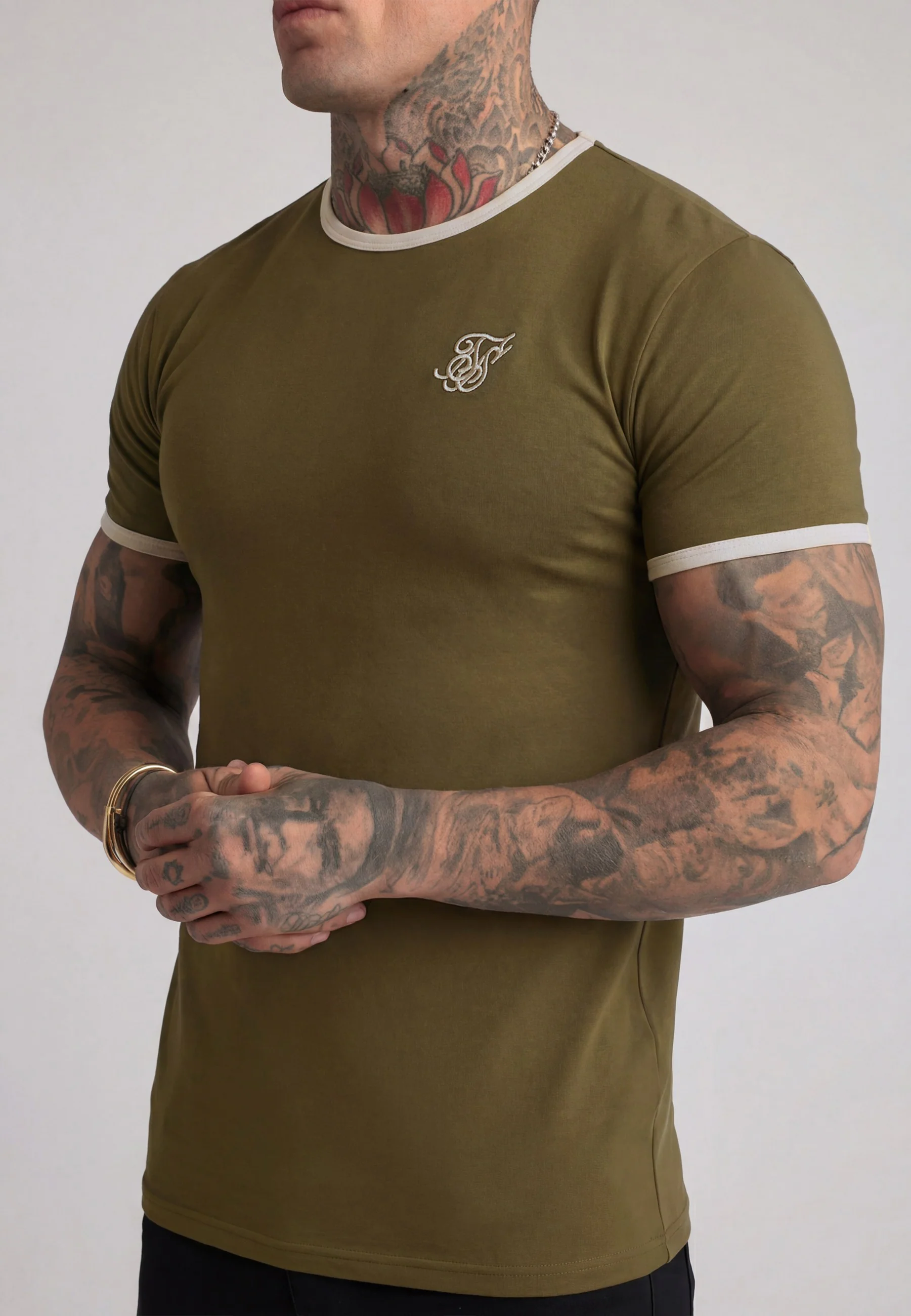 Khaki Green and Ecru Ringer T-Shirt - Image 2