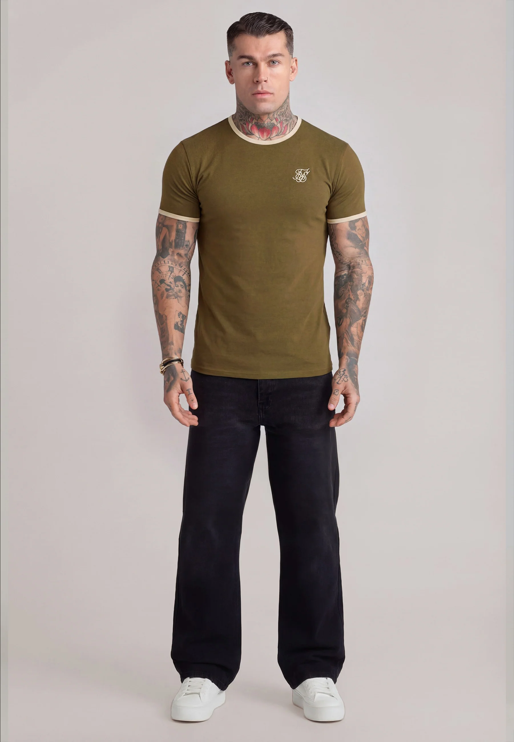 Khaki Green and Ecru Ringer T-Shirt - Image 3