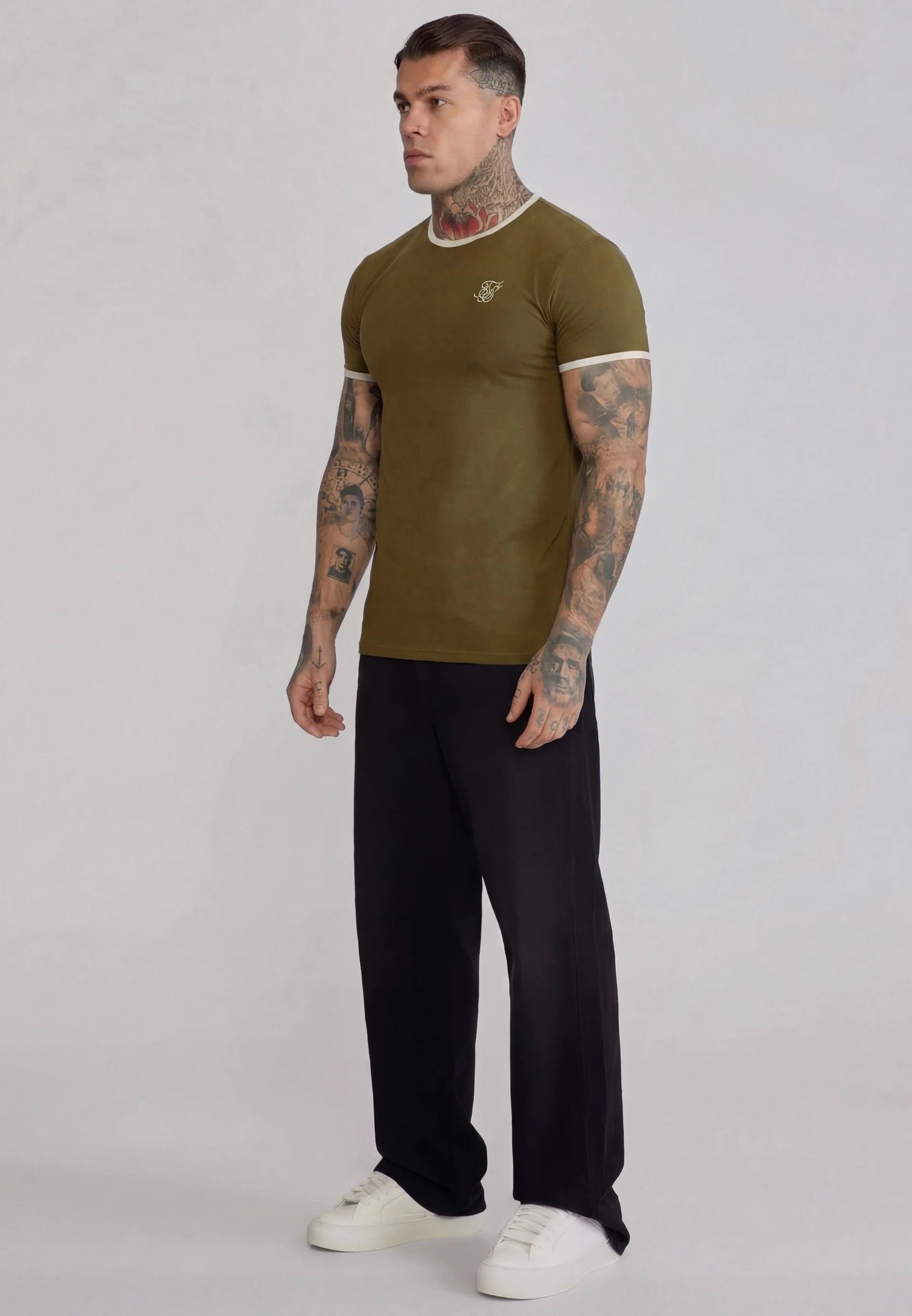 Khaki Green and Ecru Ringer T-Shirt - Image 4