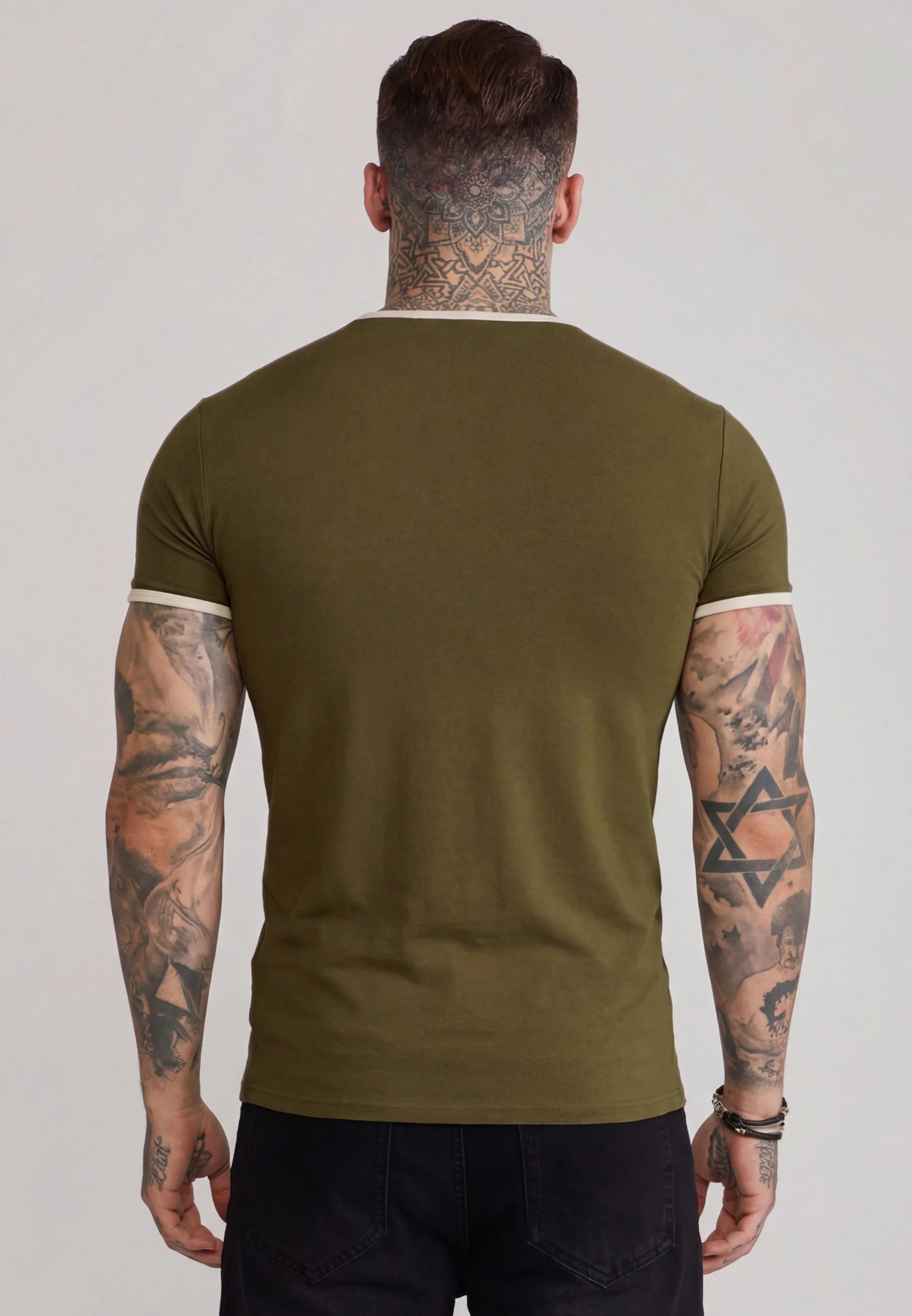 Khaki Green and Ecru Ringer T-Shirt - Image 5