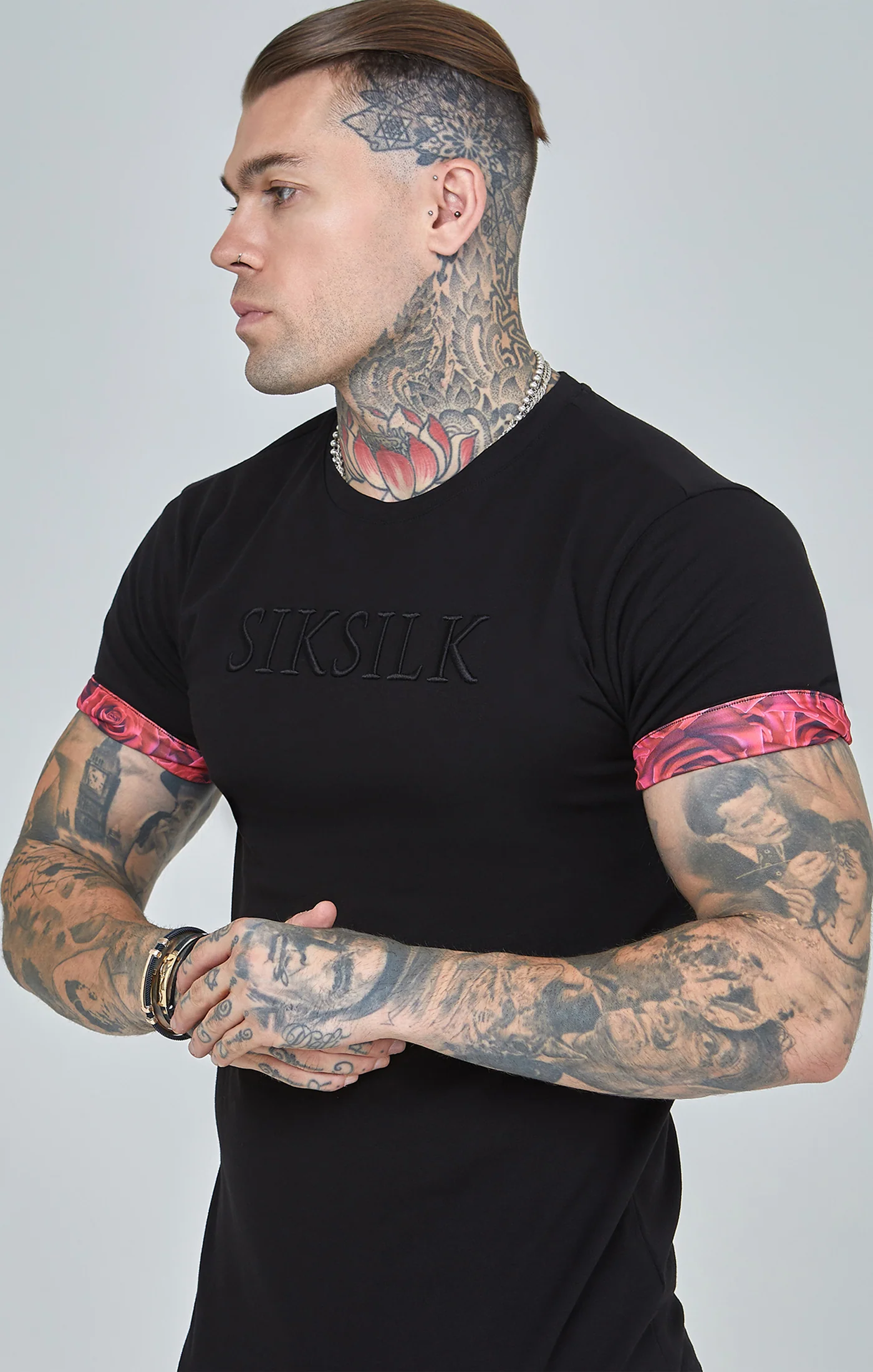 Black Rose Print Roll Sleeve T-Shirt