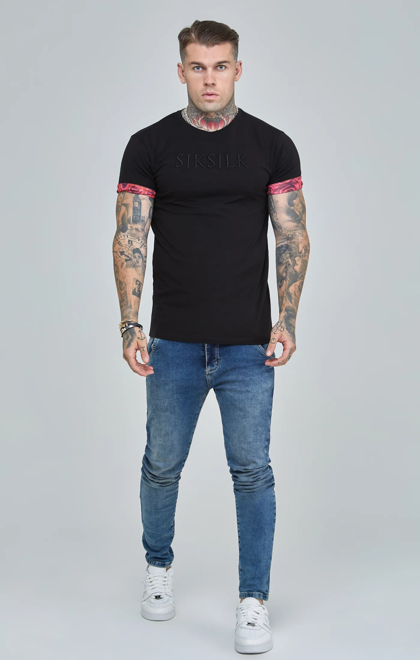 Black Rose Print Roll Sleeve T-Shirt - Image 2