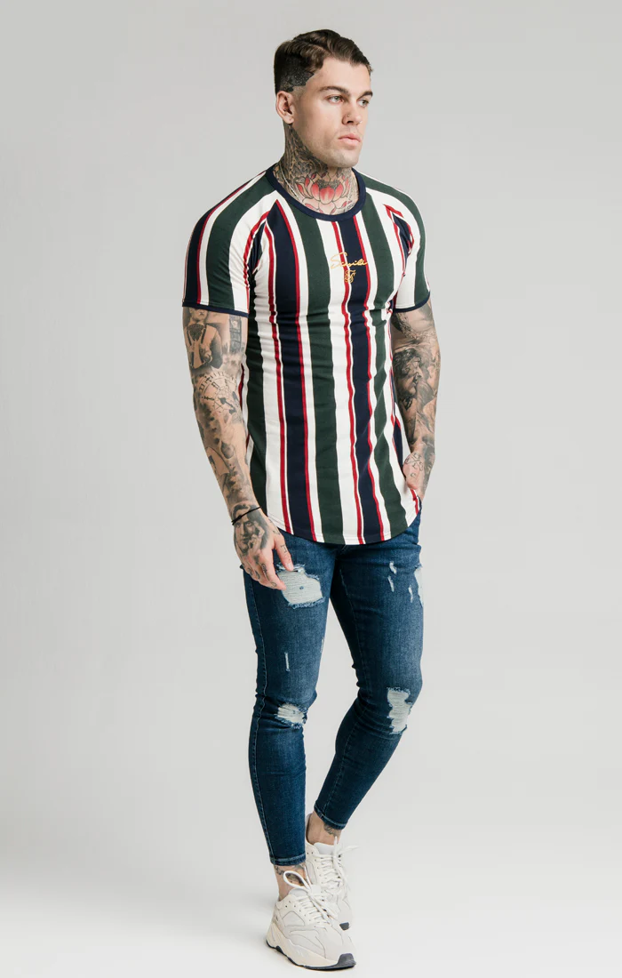 SikSilk Rotary Stripe Raglan Gym Tee - Off White Green & Navy