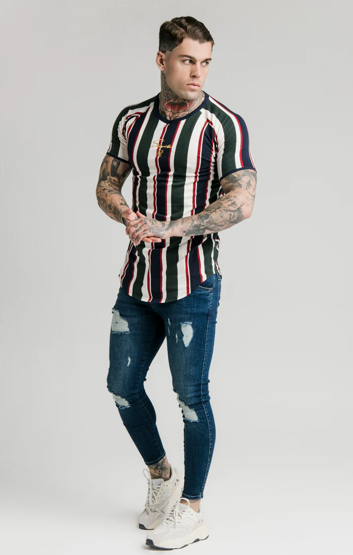 SikSilk Rotary Stripe Raglan Gym Tee - Off White Green & Navy - Image 2