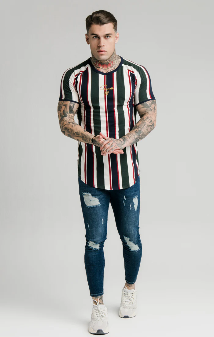 SikSilk Rotary Stripe Raglan Gym Tee - Off White Green & Navy - Image 4