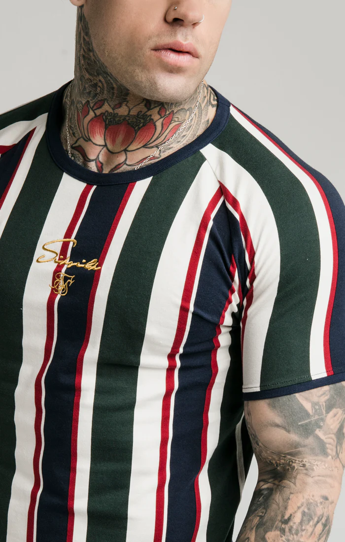 SikSilk Rotary Stripe Raglan Gym Tee - Off White Green & Navy - Image 5