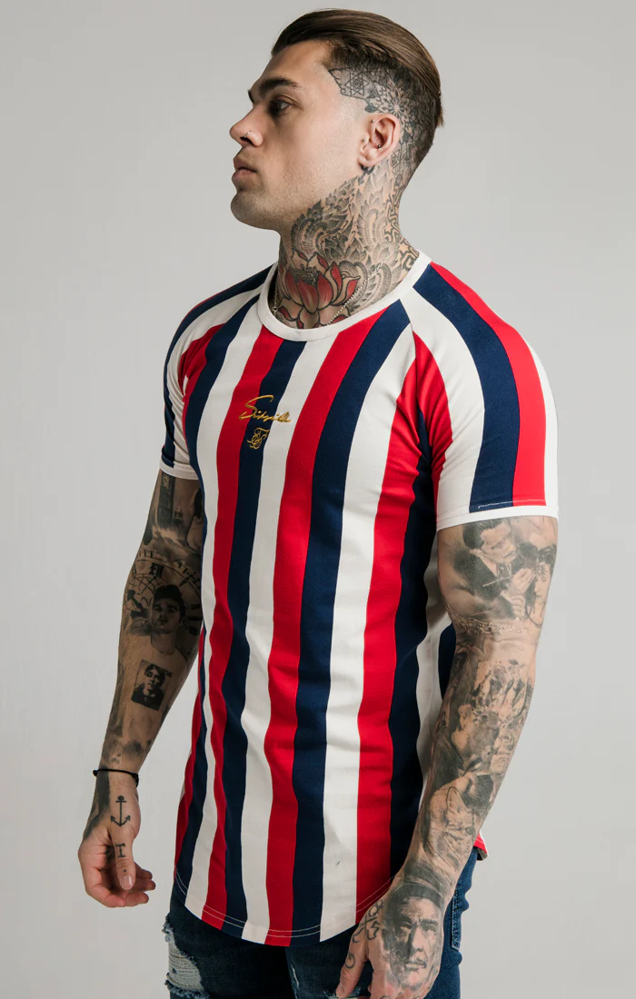 SikSilk Rotary Stripe Raglan Gym Tee - Red Navy & Off White