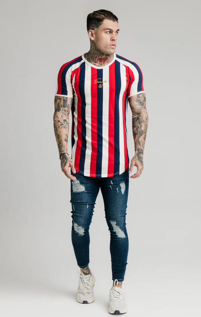 SikSilk Rotary Stripe Raglan Gym Tee - Red Navy & Off White - Image 2