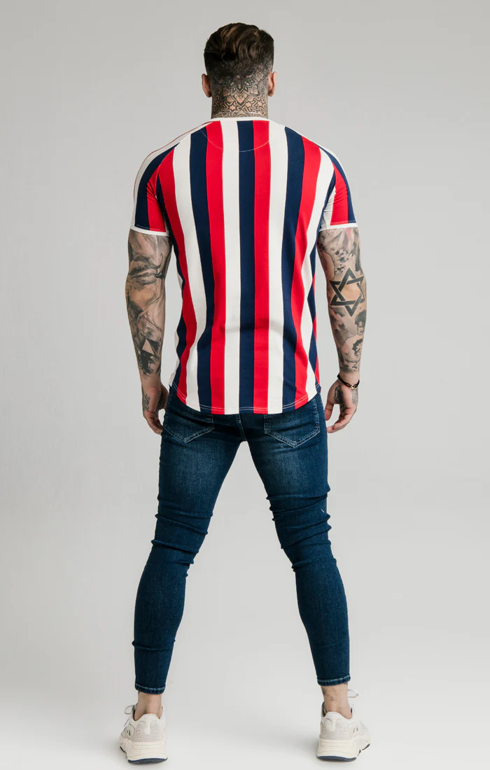 SikSilk Rotary Stripe Raglan Gym Tee - Red Navy & Off White - Image 3