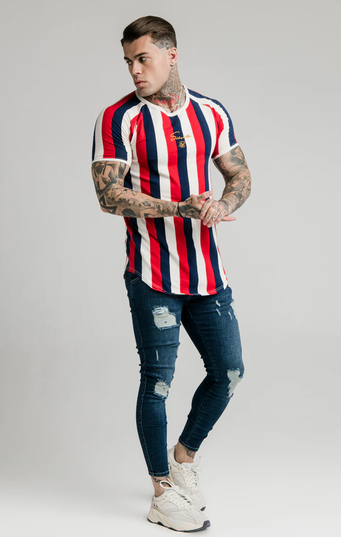 SikSilk Rotary Stripe Raglan Gym Tee - Red Navy & Off White - Image 4