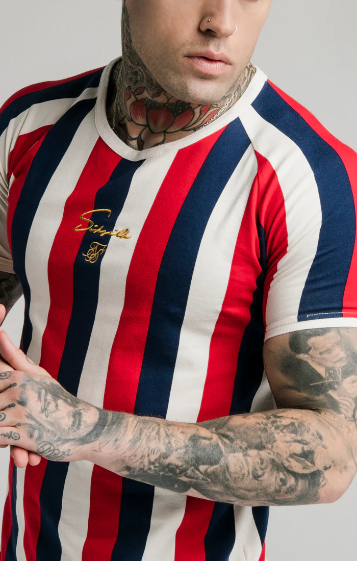 SikSilk Rotary Stripe Raglan Gym Tee - Red Navy & Off White - Image 5