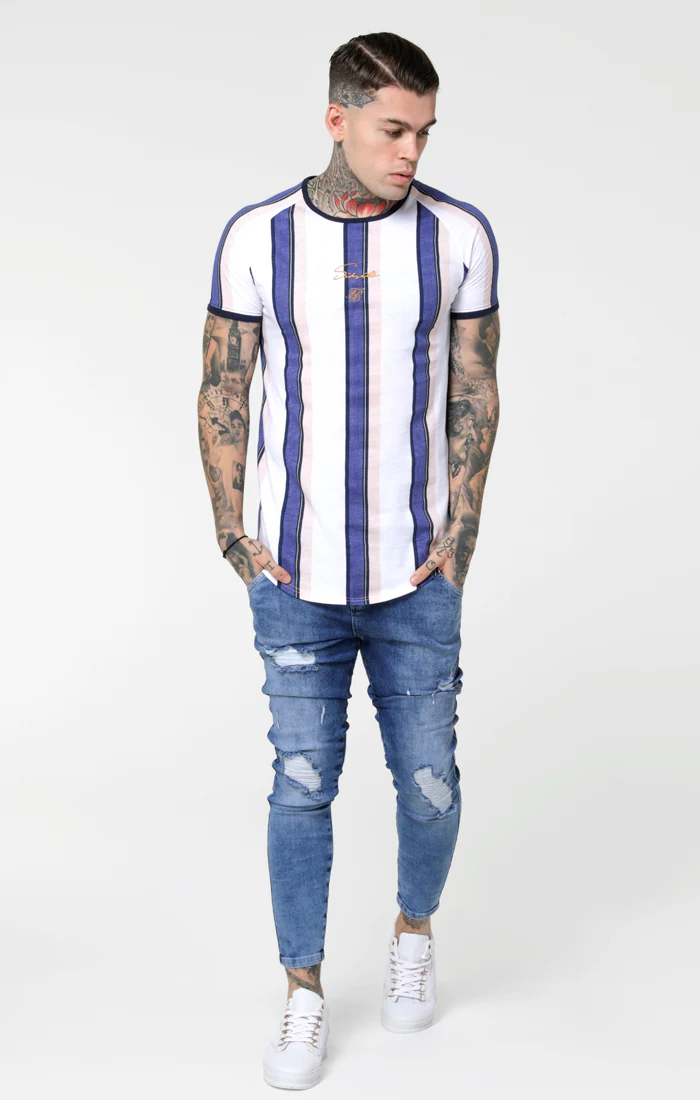 SikSilk Rotary Stripe Raglan Gym Tee - White Navy & Shell - Image 2