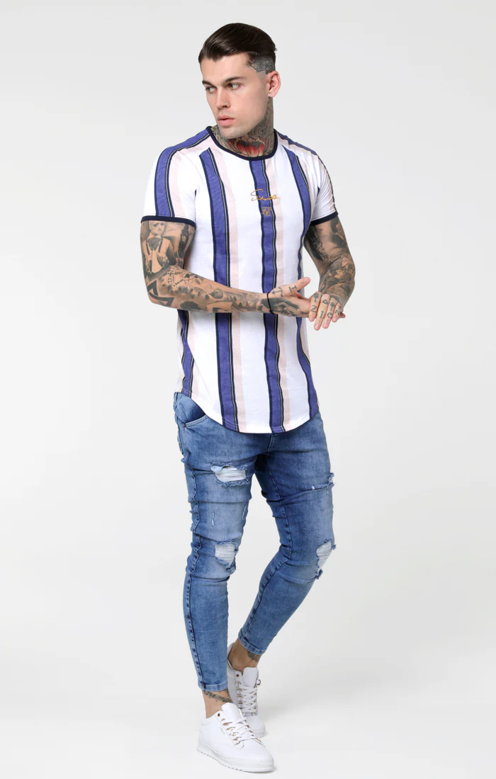 SikSilk Rotary Stripe Raglan Gym Tee - White Navy & Shell - Image 3