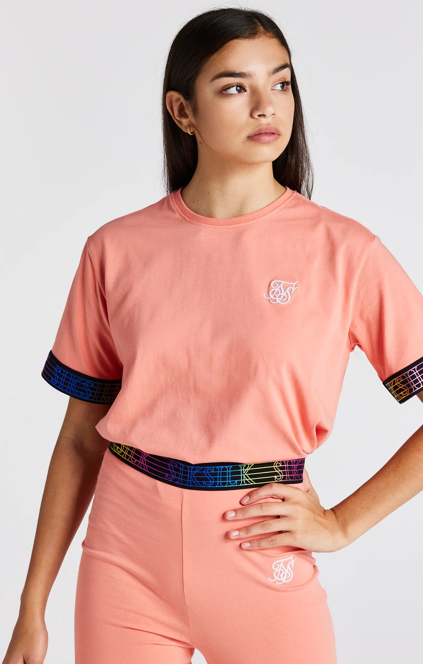 Girls Coral Taped Crop T-Shirt - Image 6