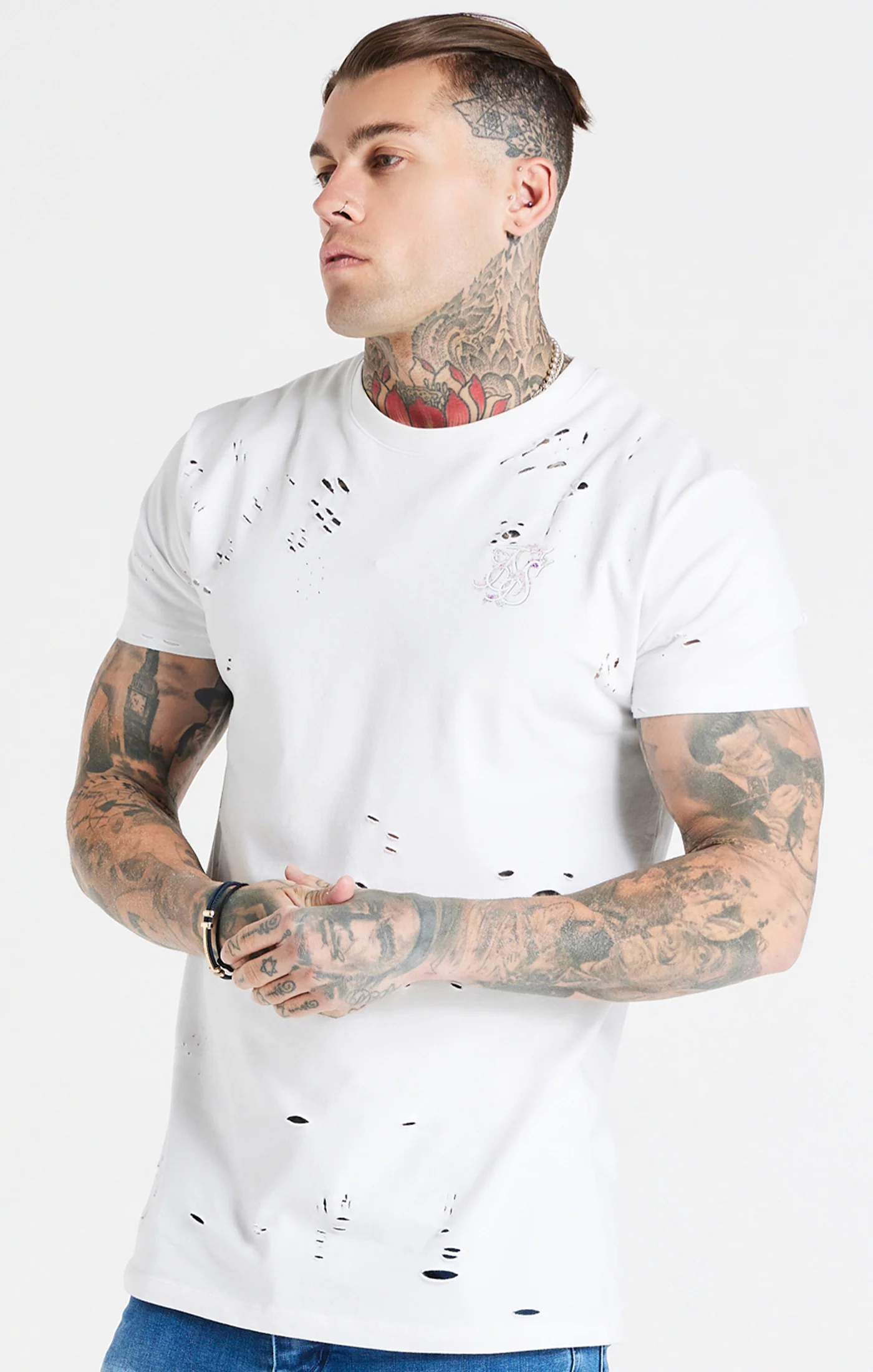 White Distressed Floral Muscle Fit T-Shirt - Image 2