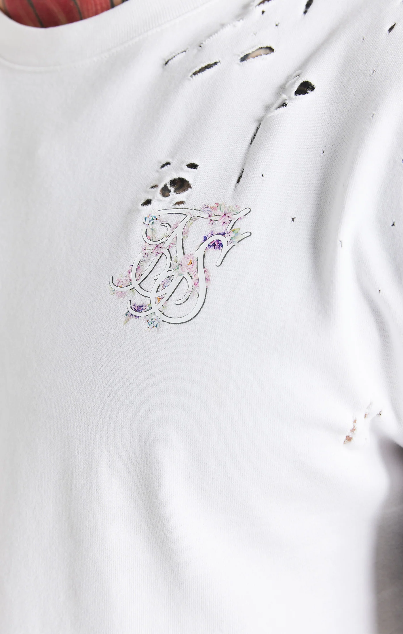 White Distressed Floral Muscle Fit T-Shirt - Image 3
