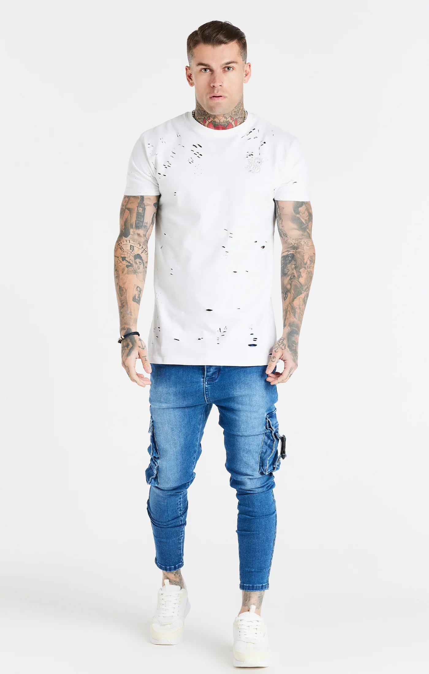 White Distressed Floral Muscle Fit T-Shirt - Image 4