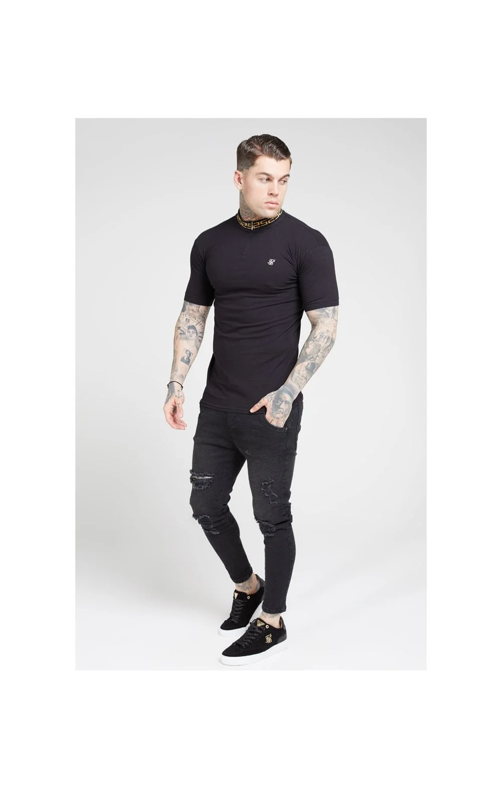 SikSilk S/S Chain Rib Collar Polo - Black - Image 4