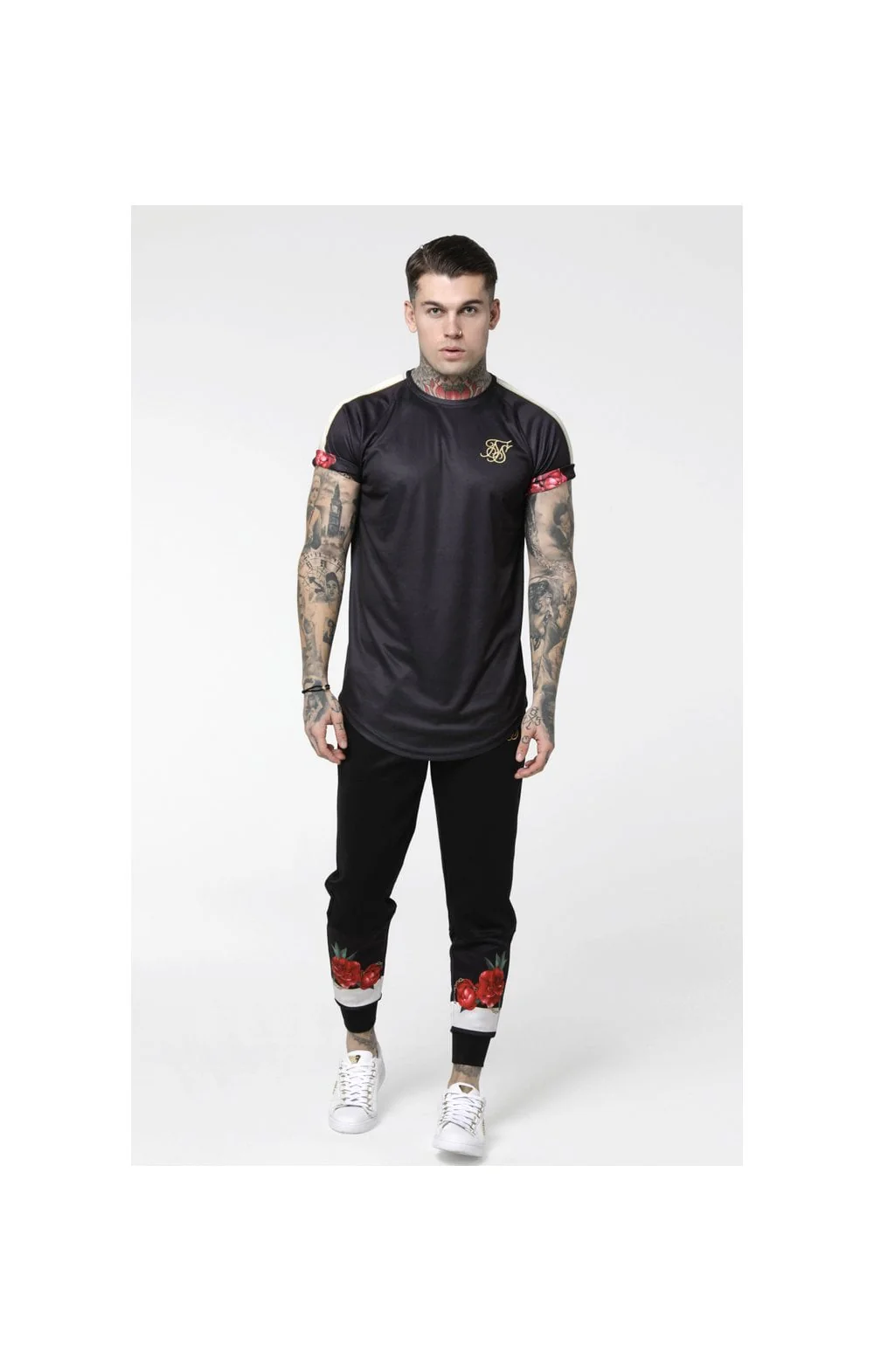 SikSilk S/S Curved Hem Raglan Roll Sleeve Tee – Black,Ecru & Red