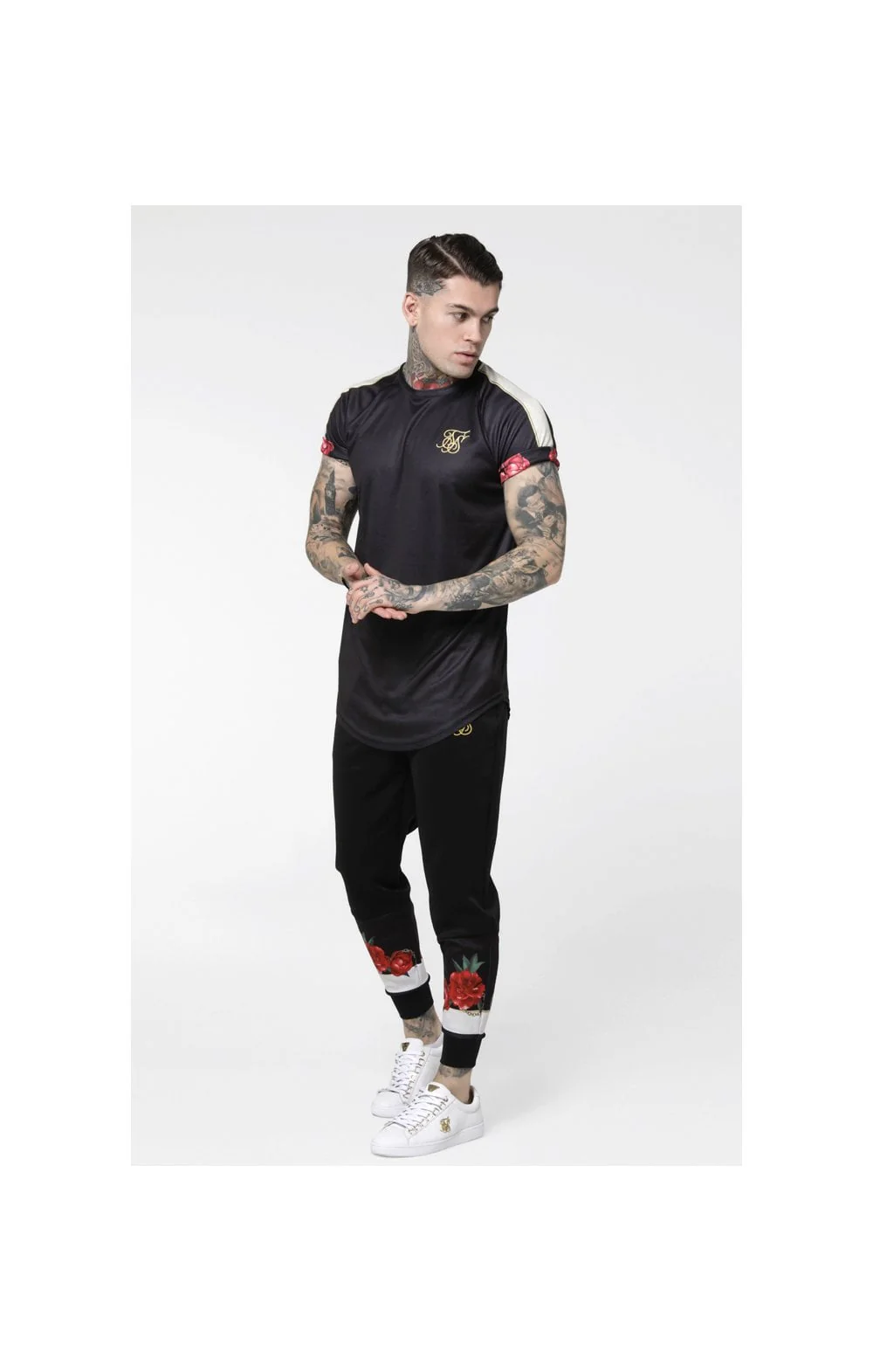 SikSilk S/S Curved Hem Raglan Roll Sleeve Tee – Black,Ecru & Red - Image 3