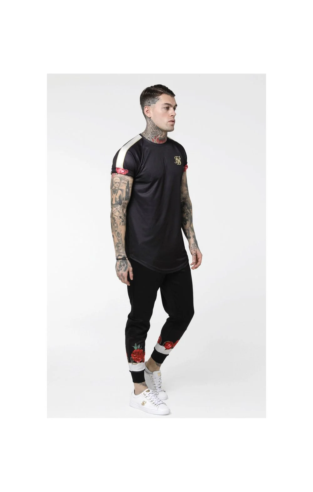 SikSilk S/S Curved Hem Raglan Roll Sleeve Tee – Black,Ecru & Red - Image 4