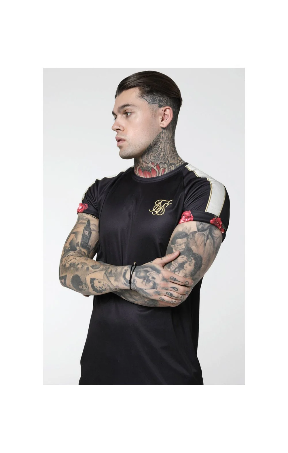 SikSilk S/S Curved Hem Raglan Roll Sleeve Tee – Black,Ecru & Red - Image 6