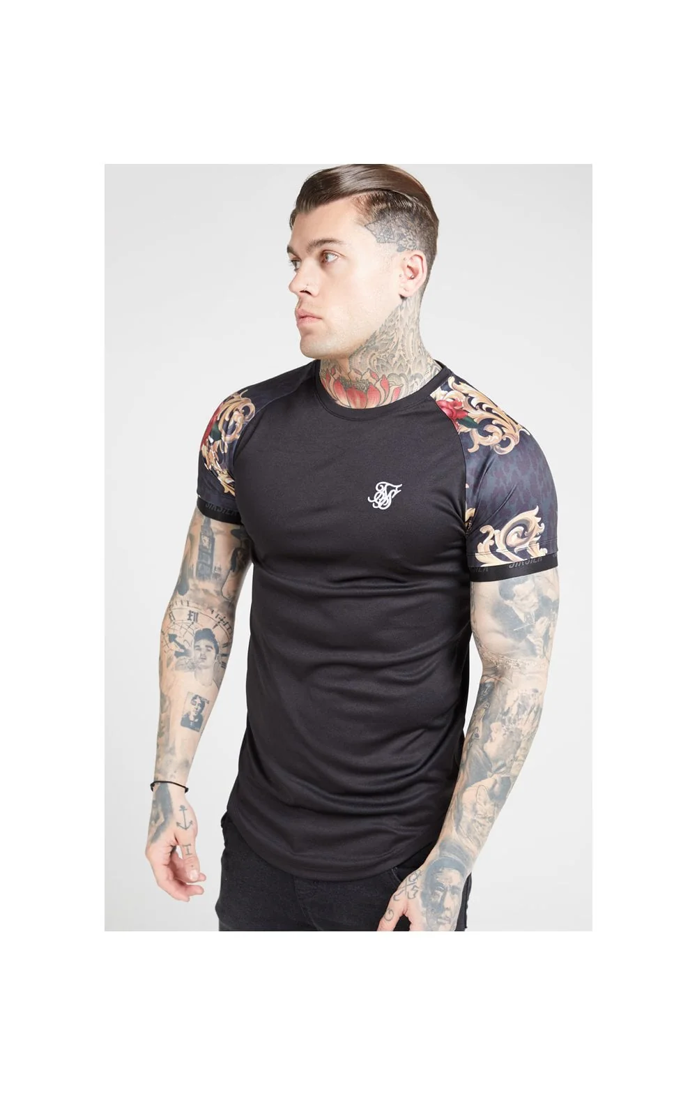SikSilk S/S Curved Hem Raglan Tech Tee - Jet Black & Floral Animal