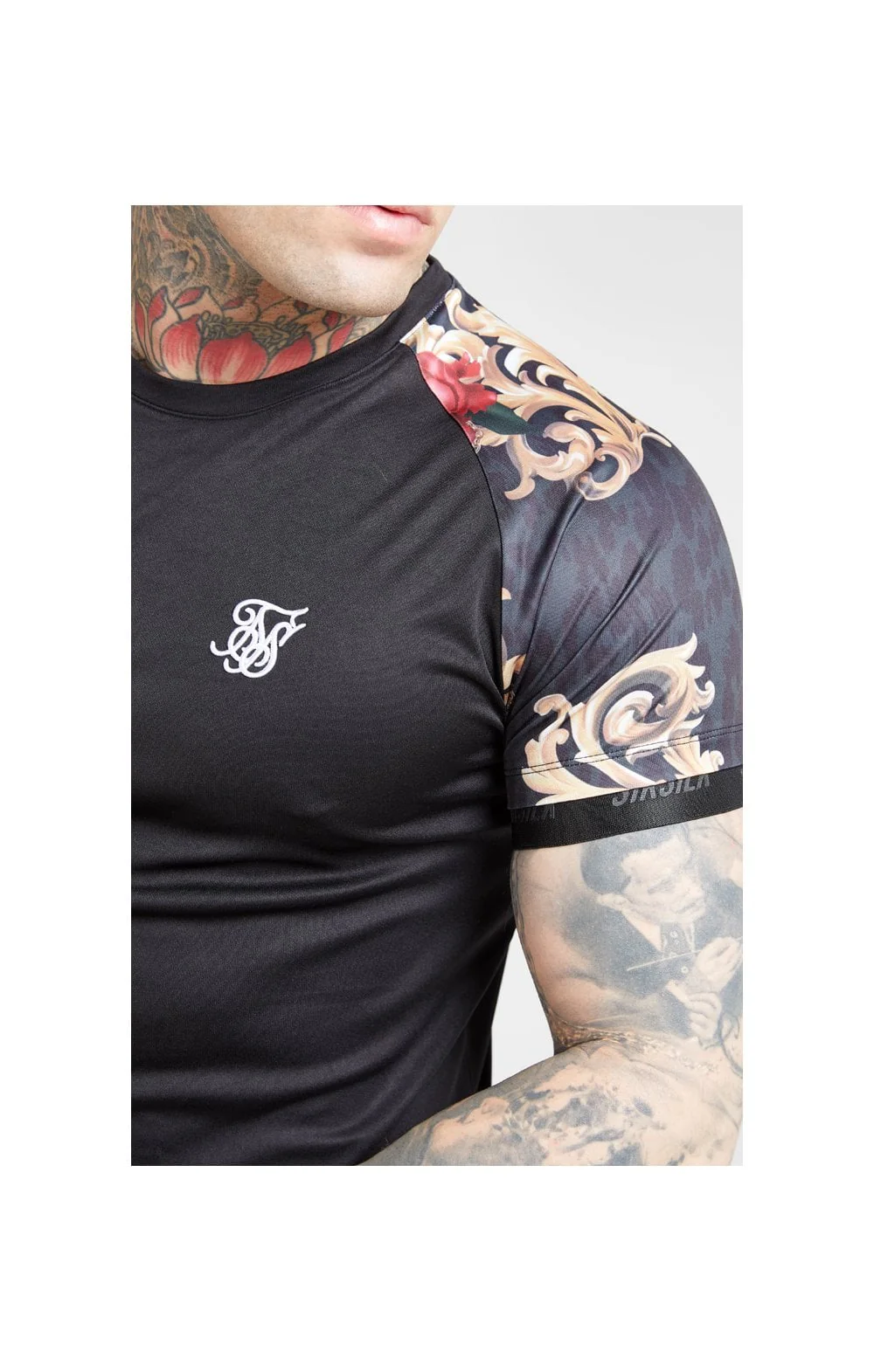 SikSilk S/S Curved Hem Raglan Tech Tee - Jet Black & Floral Animal - Image 2