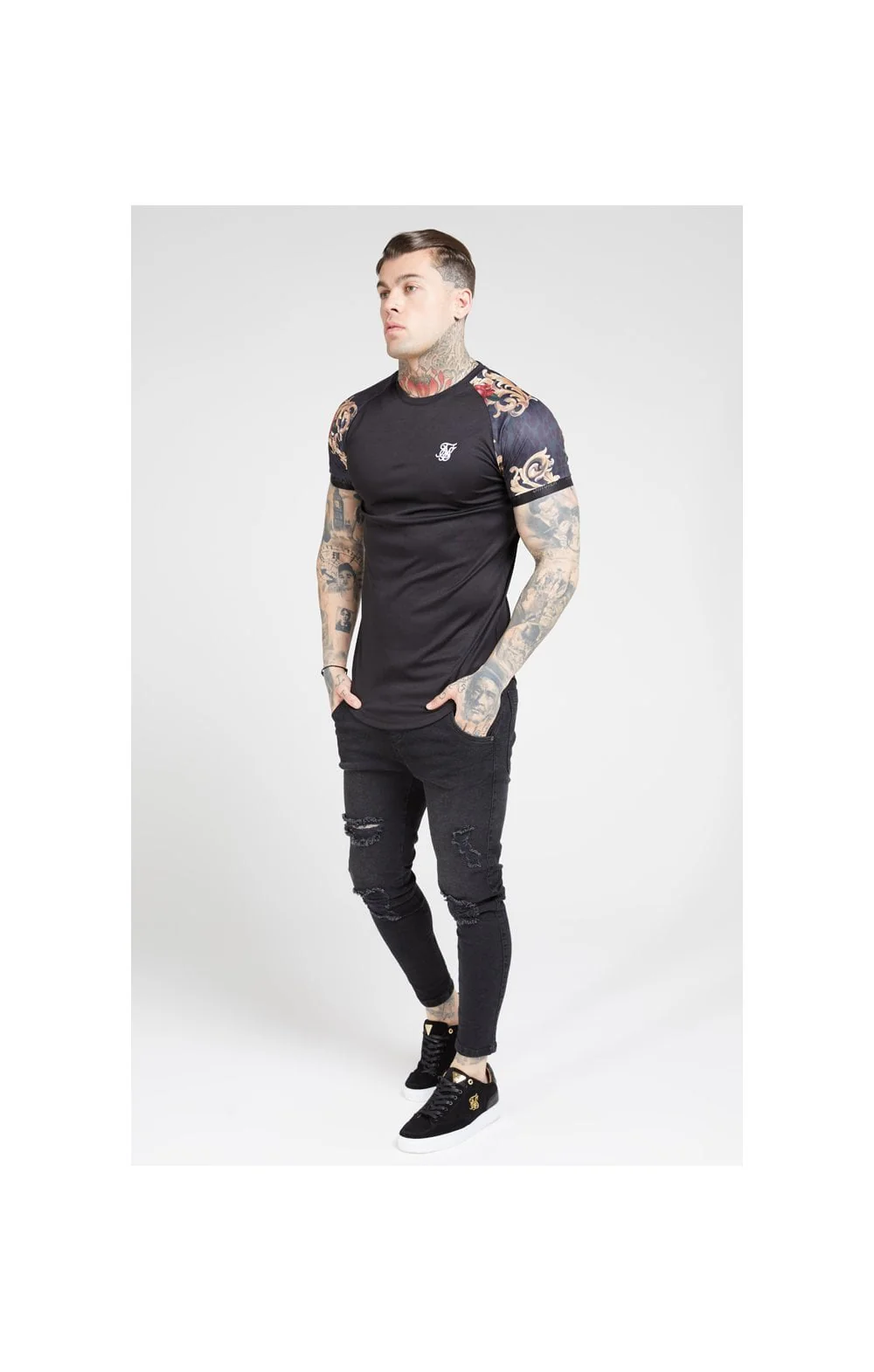 SikSilk S/S Curved Hem Raglan Tech Tee - Jet Black & Floral Animal - Image 3