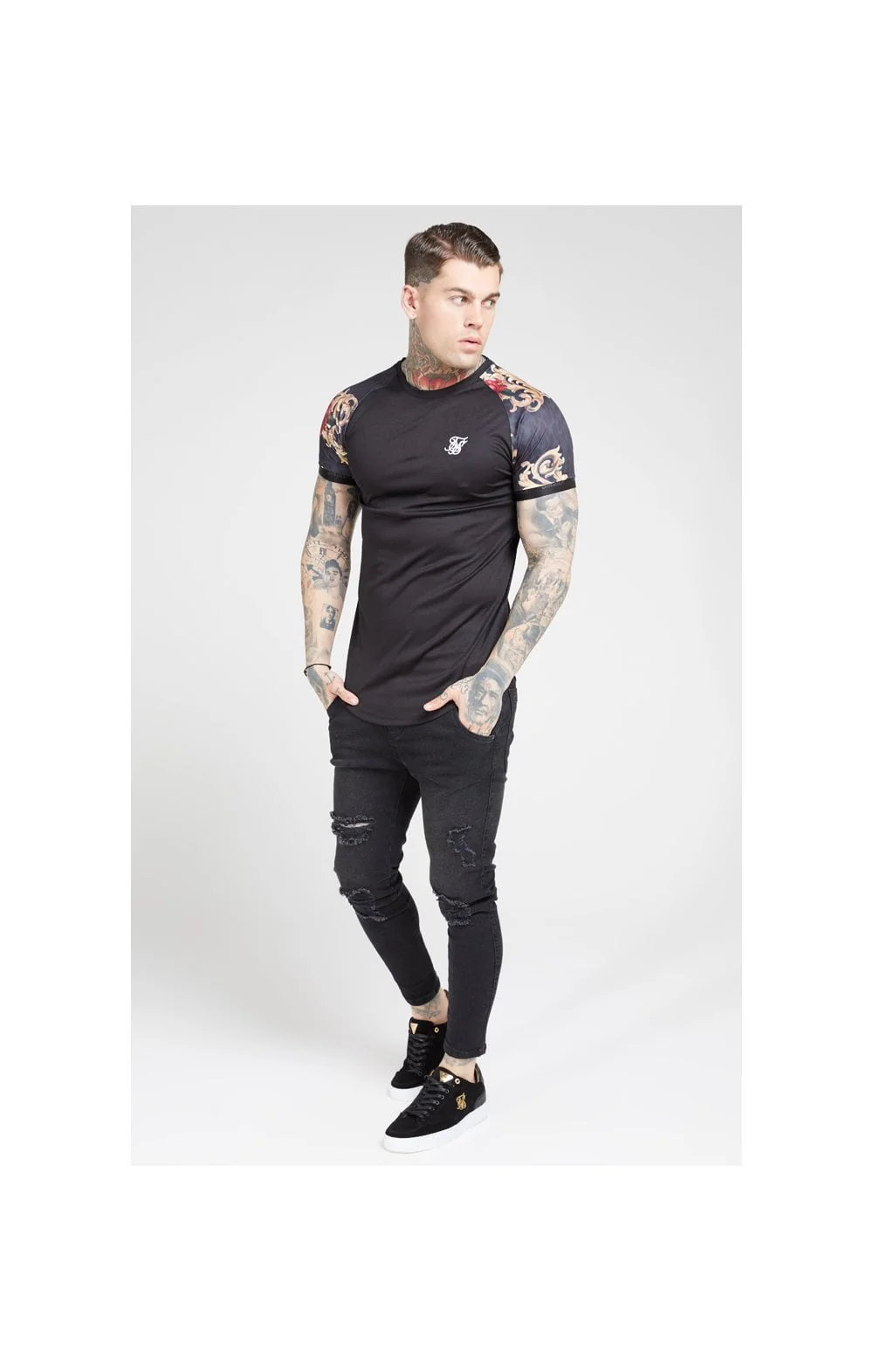 SikSilk S/S Curved Hem Raglan Tech Tee - Jet Black & Floral Animal - Image 4