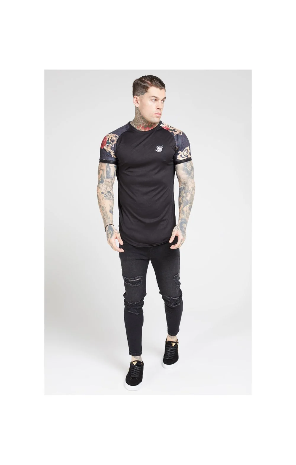 SikSilk S/S Curved Hem Raglan Tech Tee - Jet Black & Floral Animal - Image 6