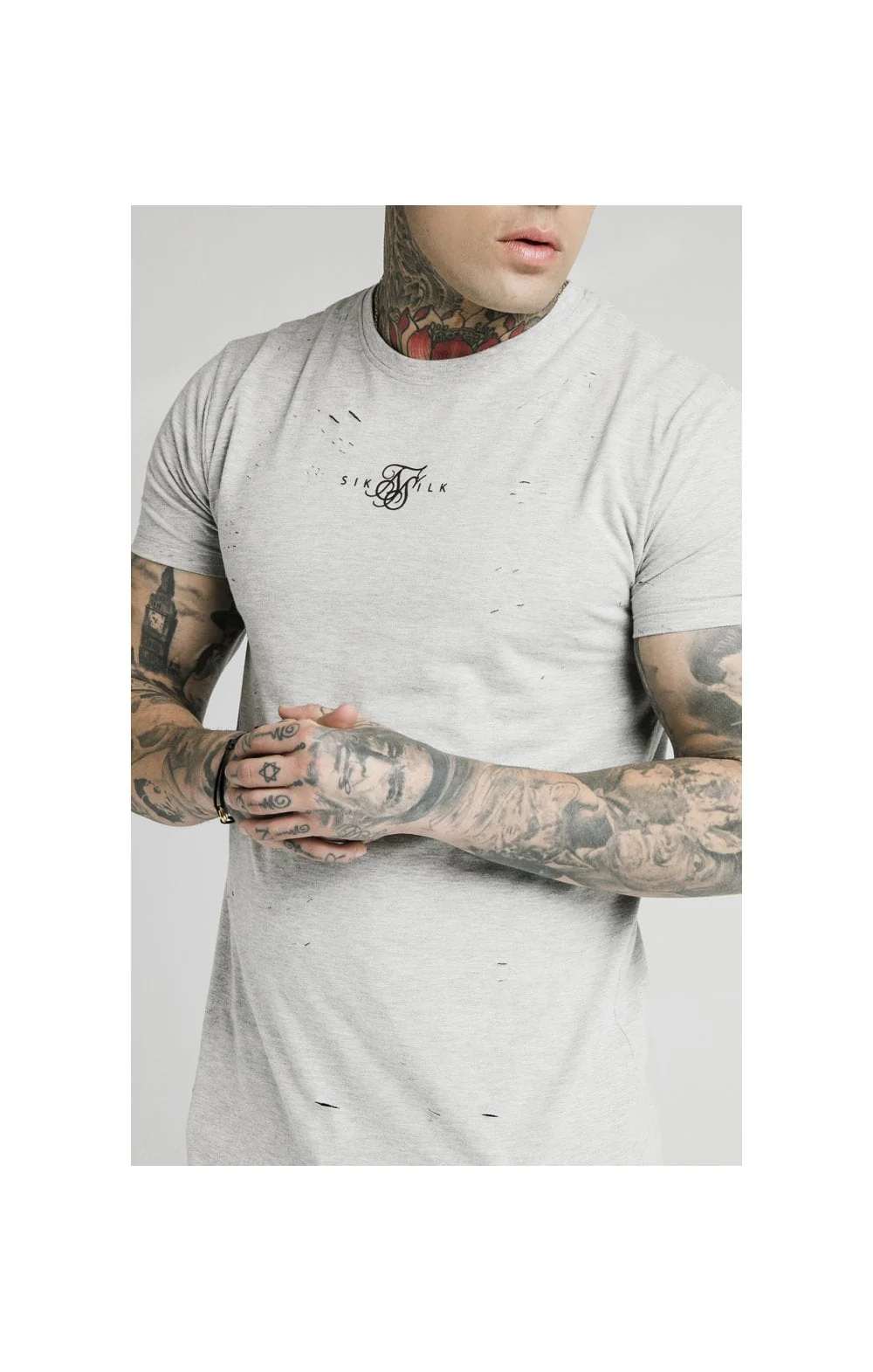 SikSilk S/S Distressed Box Tee - Grey Marl - Image 2