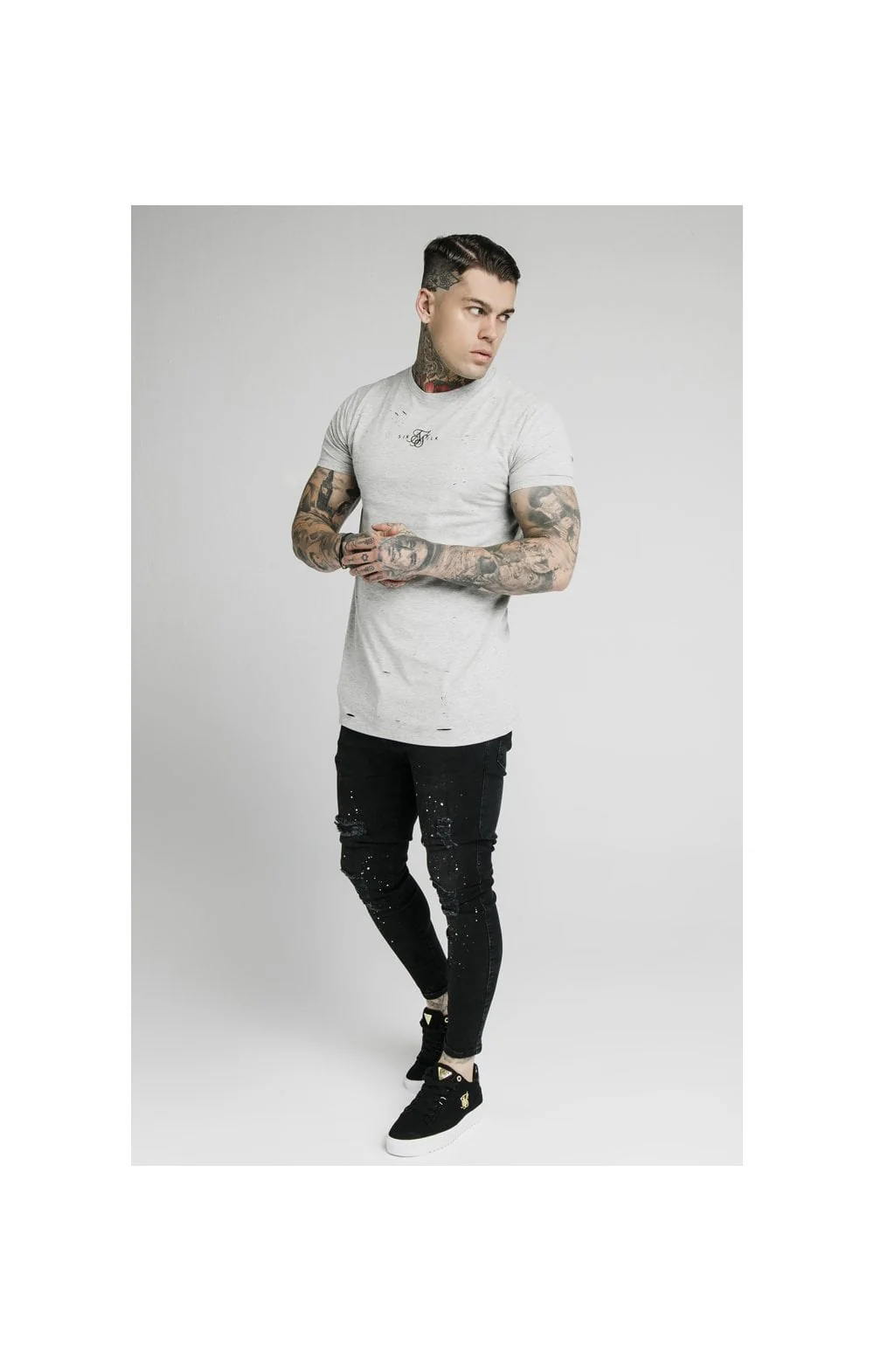 SikSilk S/S Distressed Box Tee - Grey Marl - Image 3