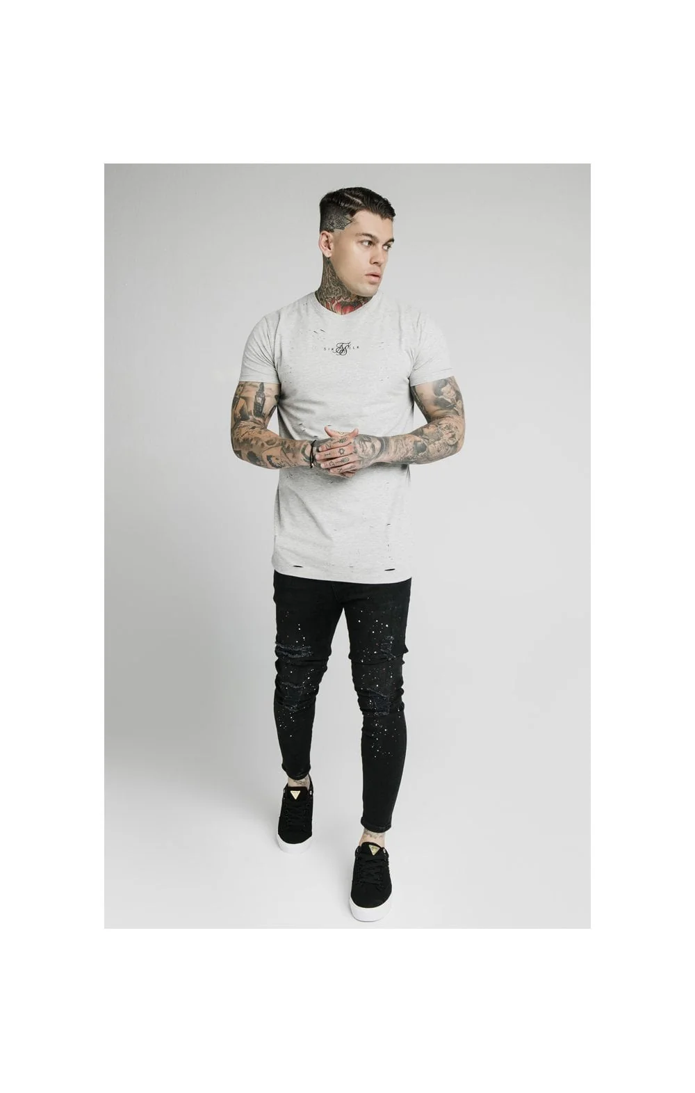 SikSilk S/S Distressed Box Tee - Grey Marl - Image 4
