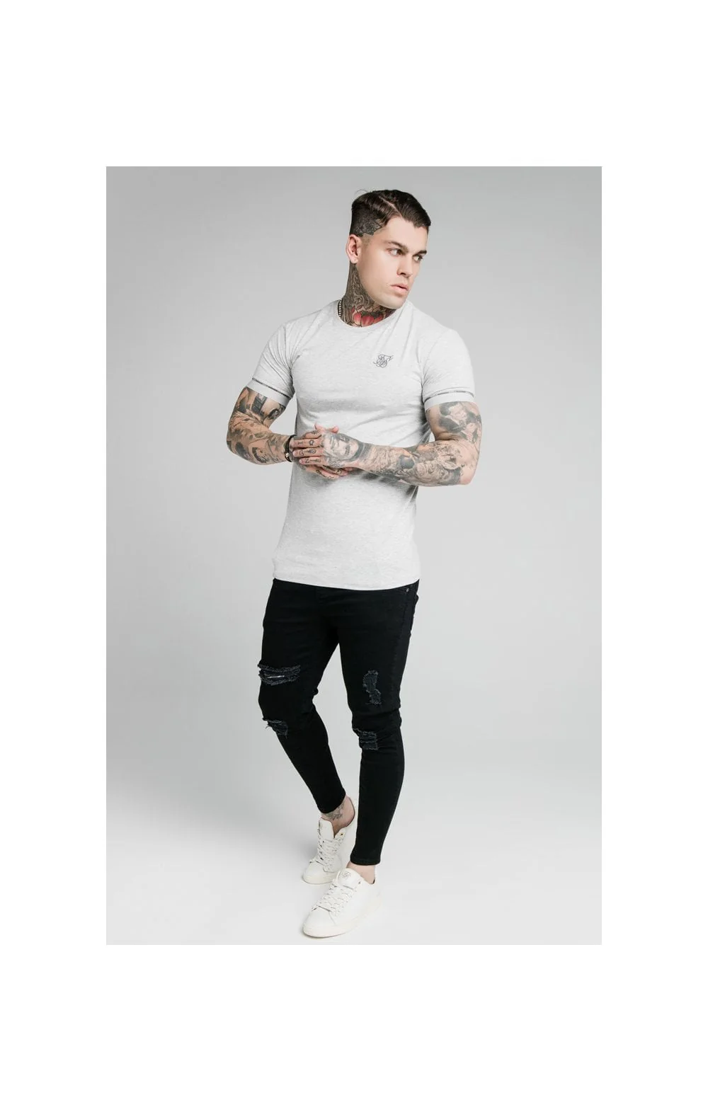 SikSilk S/S Duality Gym Tee - Grey Marl - Image 5
