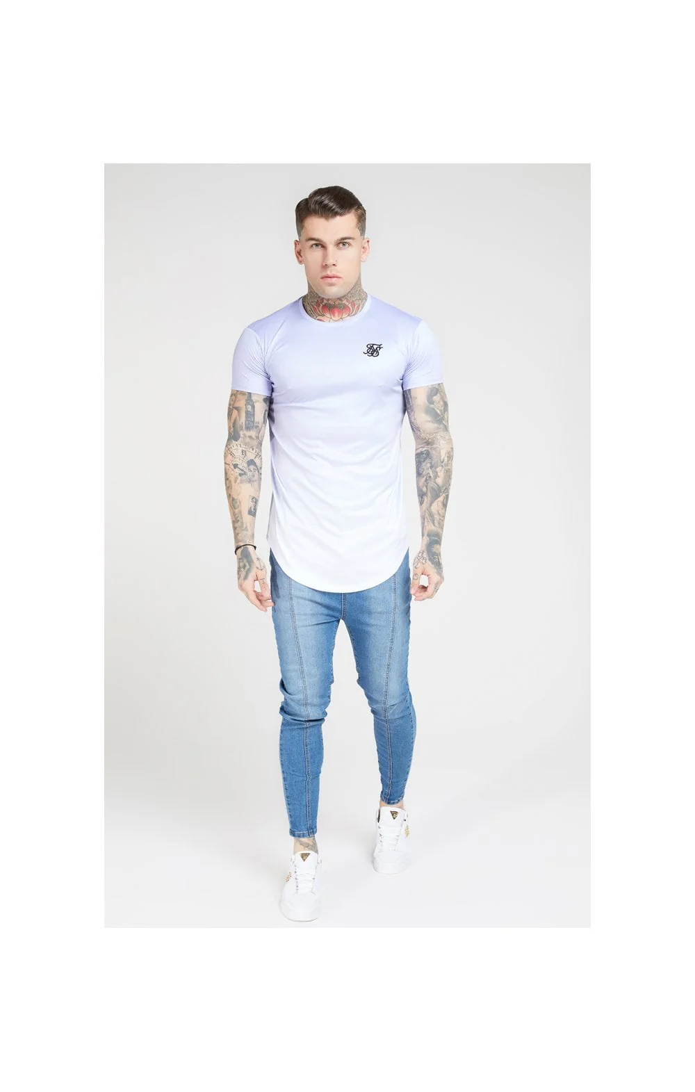 SikSilk S/S Fade Curved Hem Tee – Dusky Sky & White - Image 4