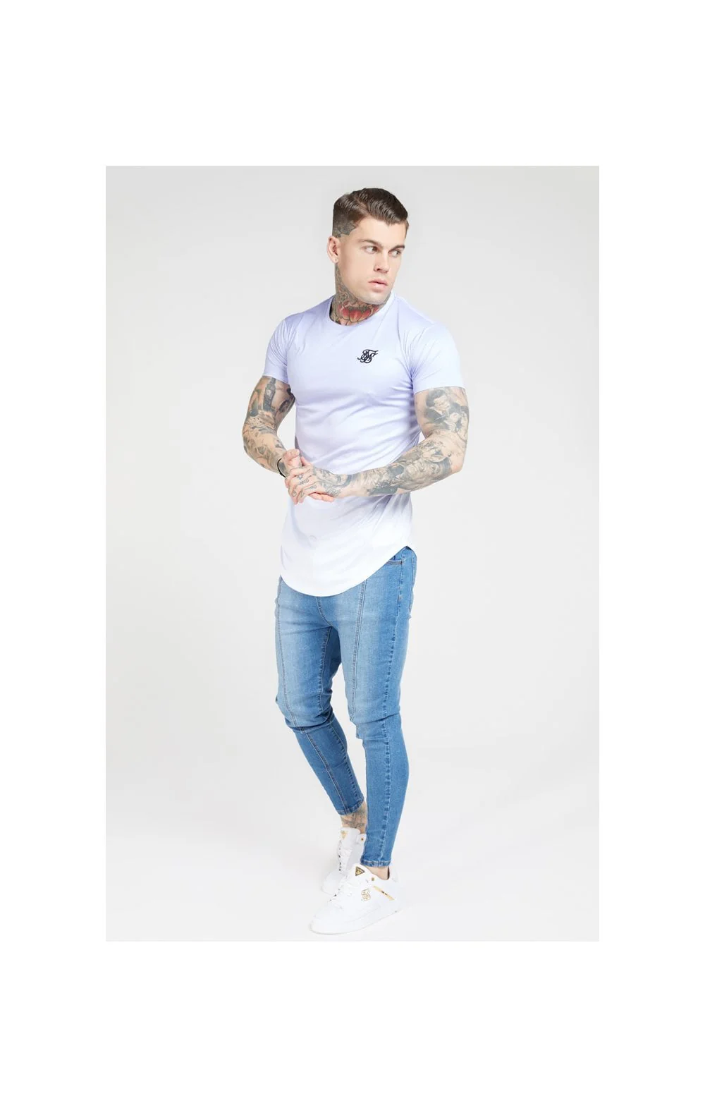 SikSilk S/S Fade Curved Hem Tee – Dusky Sky & White - Image 5