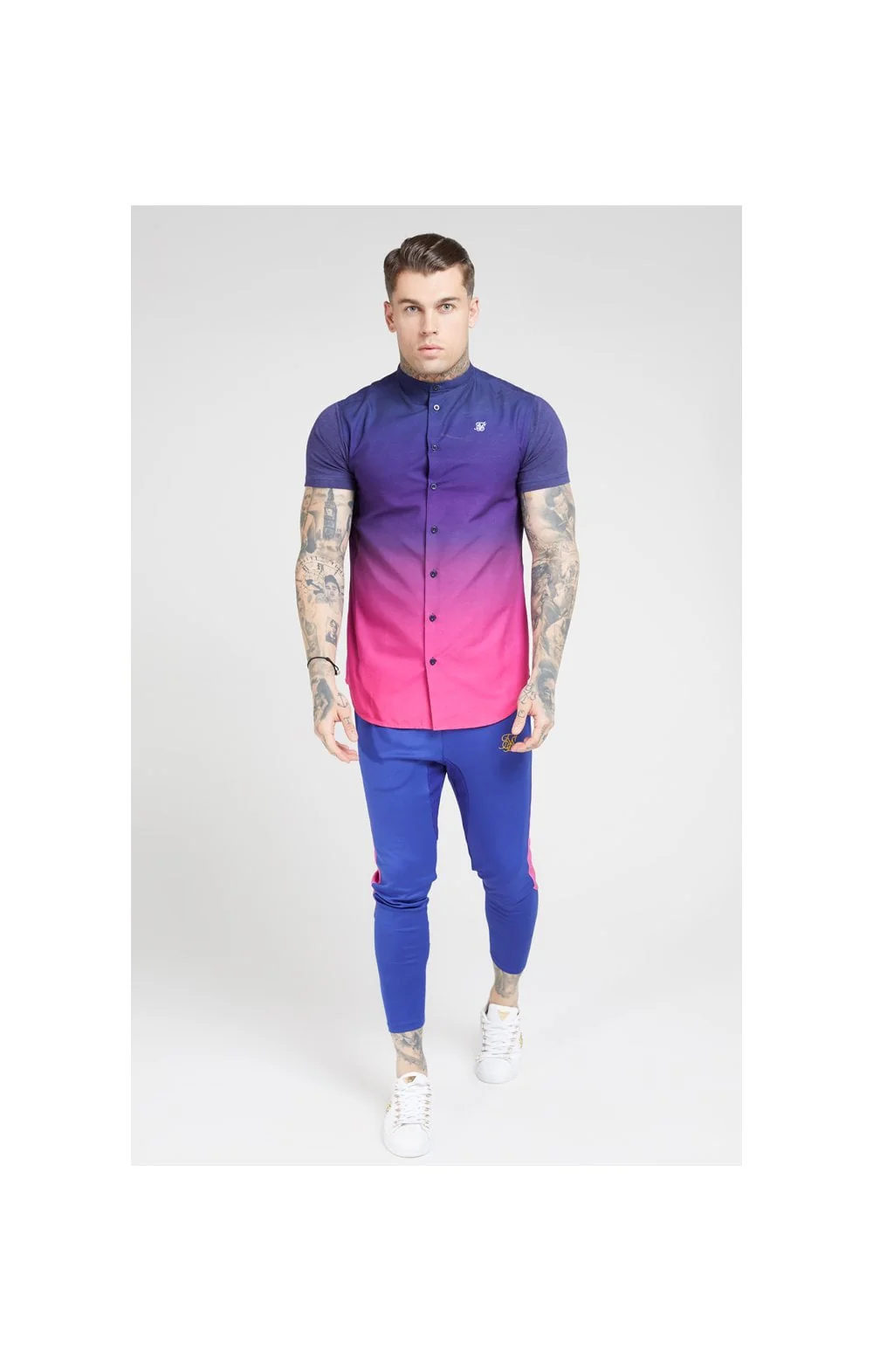 SikSilk S/S Fade Grandad Shirt – Navy & Neon Fade - Image 5