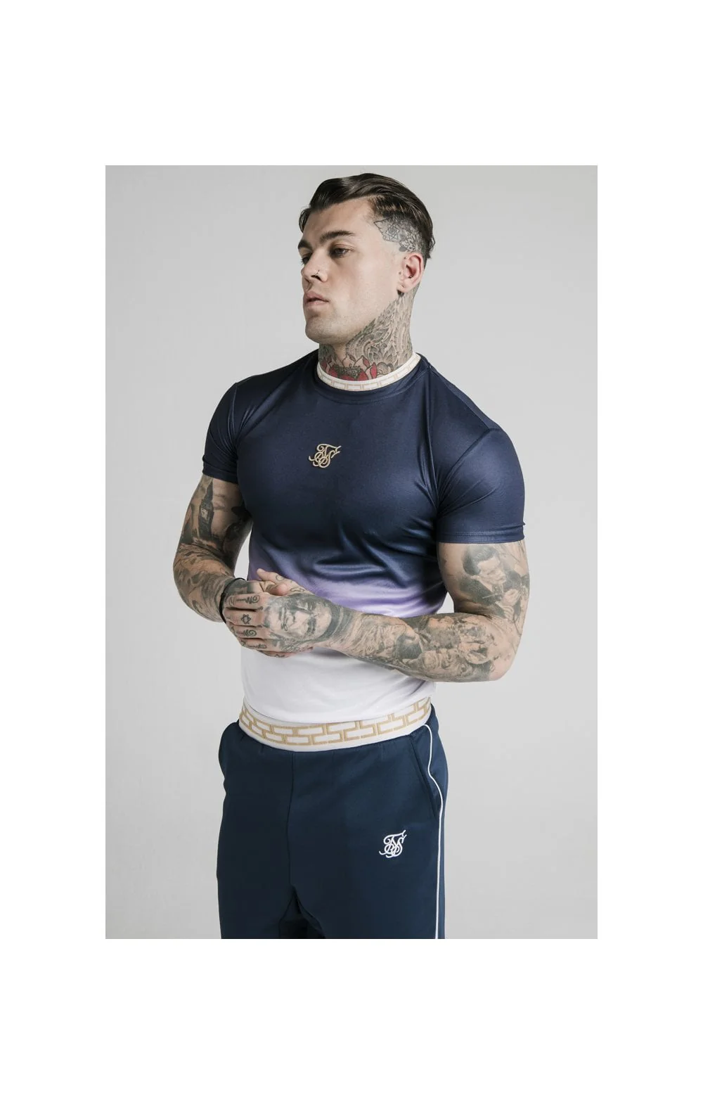 SikSilk S/S Fade Inset Tape Gym Tee - Navy & White