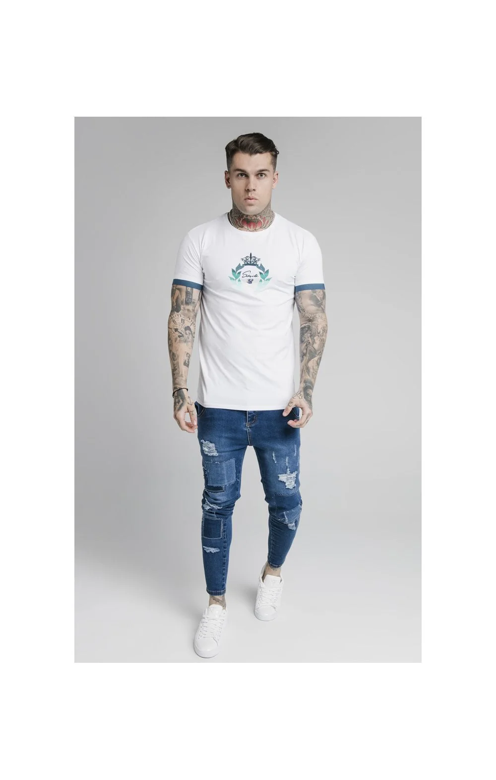 SikSilk S/S Fade Prestige Gym Tee - White & Pacific Fade - Image 3