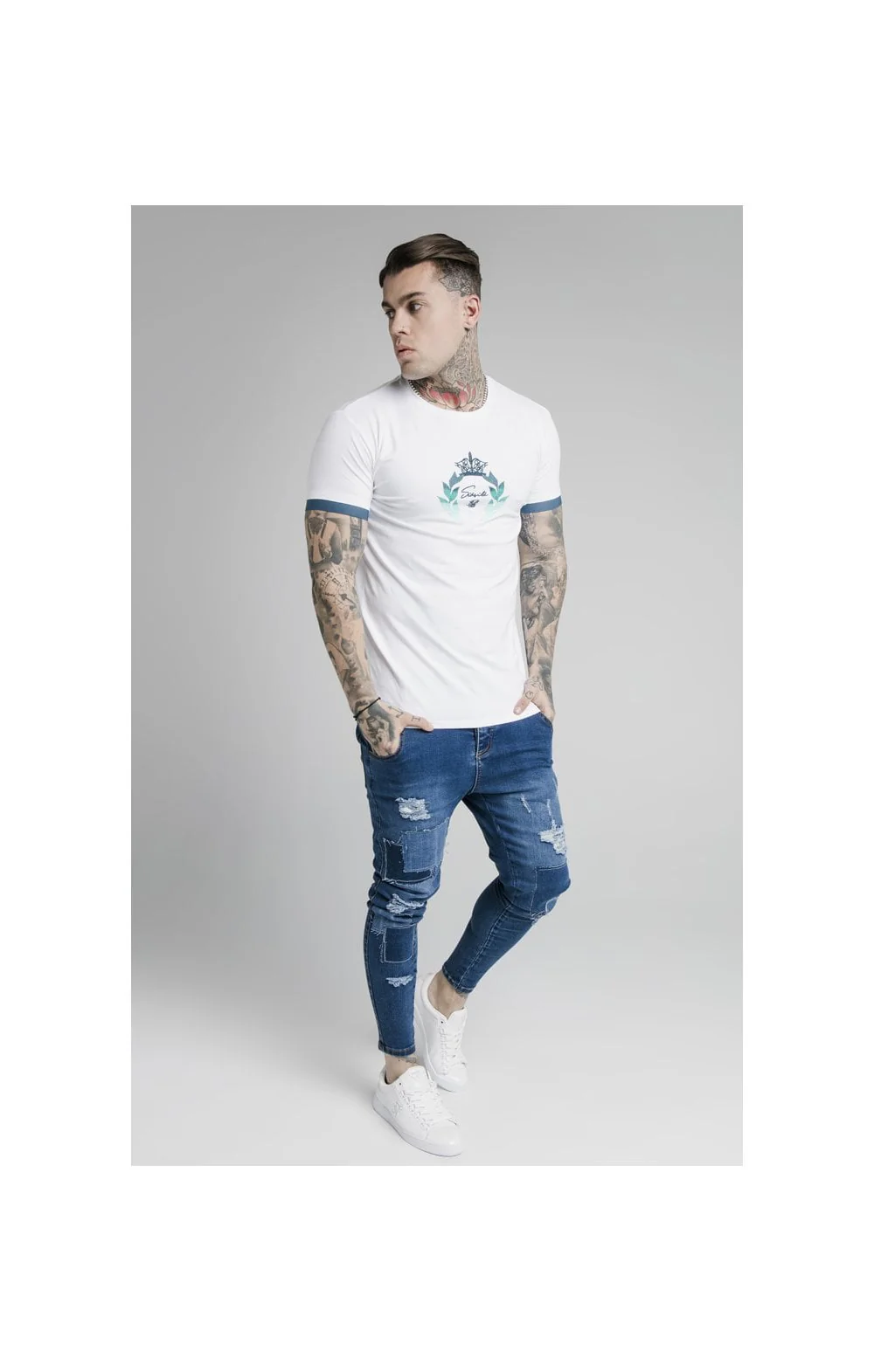SikSilk S/S Fade Prestige Gym Tee - White & Pacific Fade - Image 5