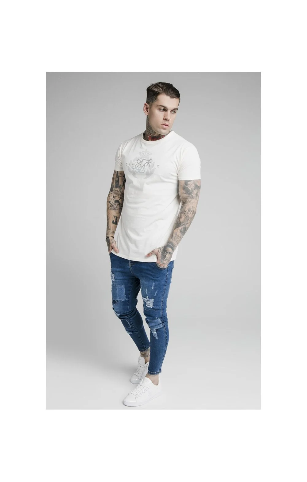 SikSilk S/S Fade Rhine Stone Box Tee - Off White - Image 3
