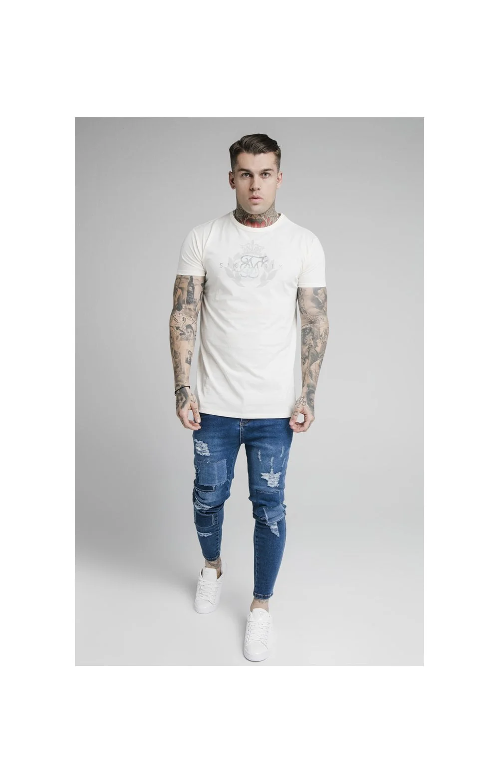 SikSilk S/S Fade Rhine Stone Box Tee - Off White - Image 4