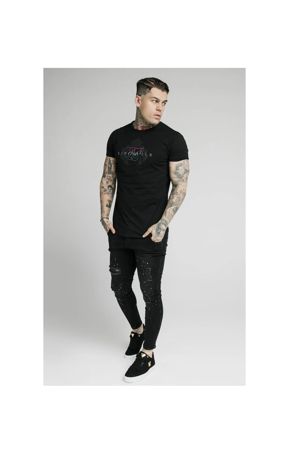 SikSilk S/S Fade Rhinestone Box Tee - Black - Image 5