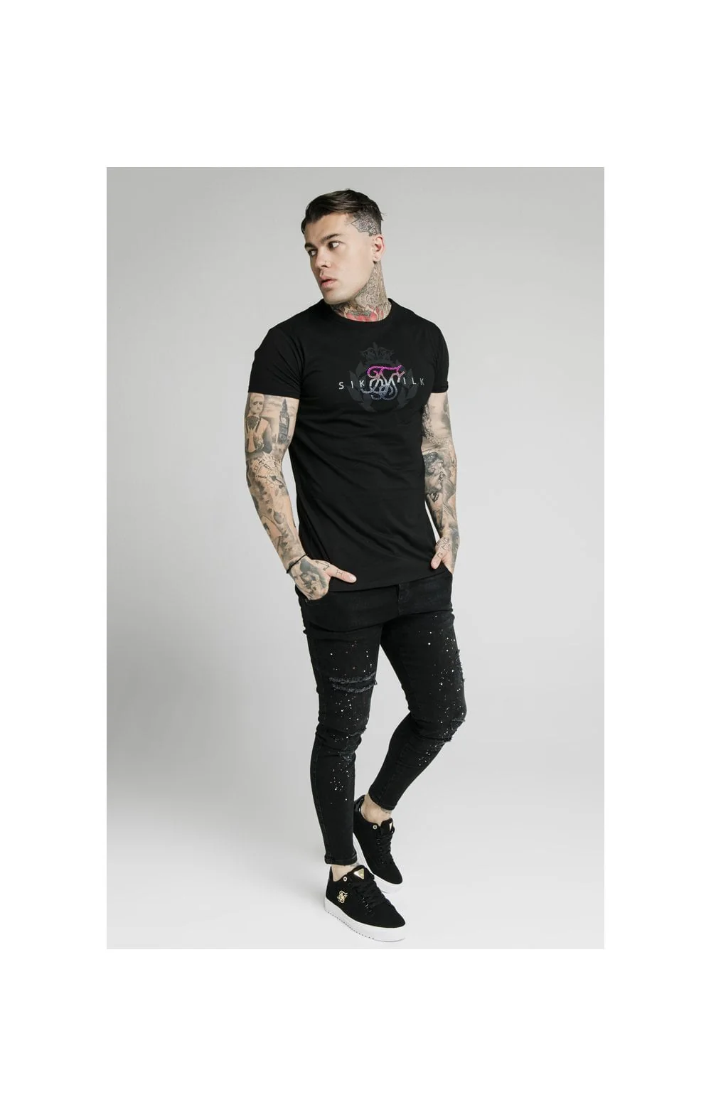 SikSilk S/S Fade Rhinestone Box Tee - Black - Image 6