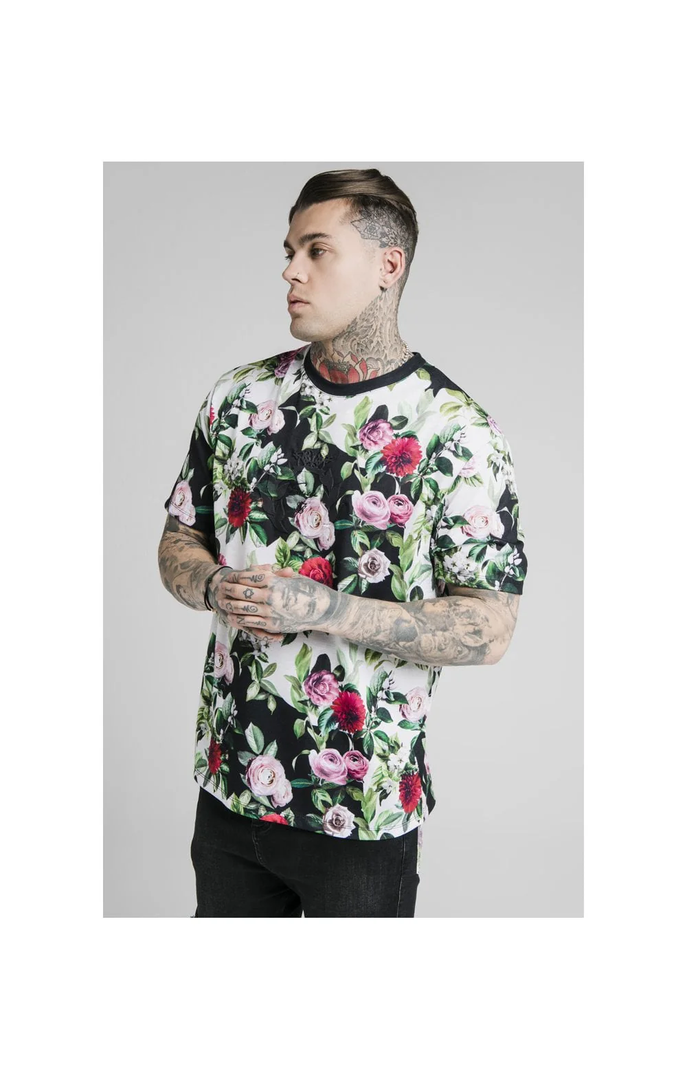 SikSilk S/S Floral Pixel Essential Tee - Black & Floral Pixel