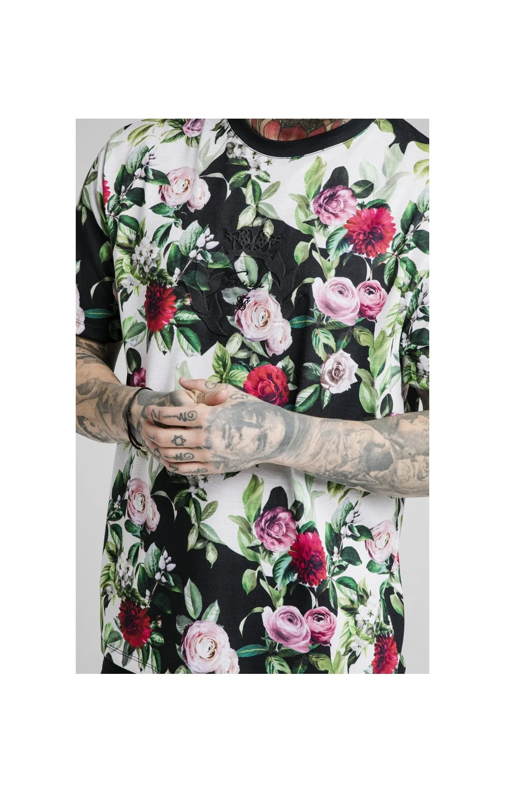 SikSilk S/S Floral Pixel Essential Tee - Black & Floral Pixel - Image 2